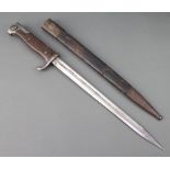 A German Mauser bayonet, the blade marked CG Haenel Suhl complete with leather scabbard Scabbard