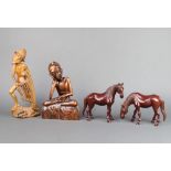 Two Chinese carved hardwood figures of standing horses 16cm x 18cm x 7cm, Burmese carved hardwood