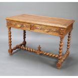 A Victorian carved oak library table fitted 2 frieze drawers with lion mask handles, raised on