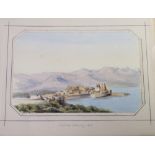 A 19th Century French inlaid olive wood album dated 1875 containing watercolour landscapes of Cains,