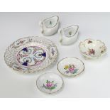 A Dresden plate decorated with flowers 17cm, 3 ditto dishes 9cm and a pair of swan bowls with floral
