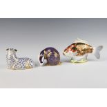 A Royal Crown Derby Imari pattern badger paperweight with silver stopper 8cm, a ditto ram silver