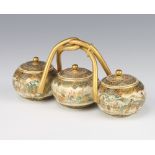 A late 19th century Japanese Satsuma 3 section run of lidded bowls with lids and entwined gilt