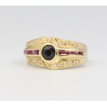 An 18ct yellow gold sapphire, ruby and diamond ring, 5 grams, size K 1/2