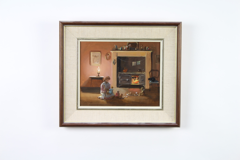 Deborah Jones (1921-2012), oil on board signed, "Tea In Front of The Fire" 19cm x 24cm - Image 2 of 2