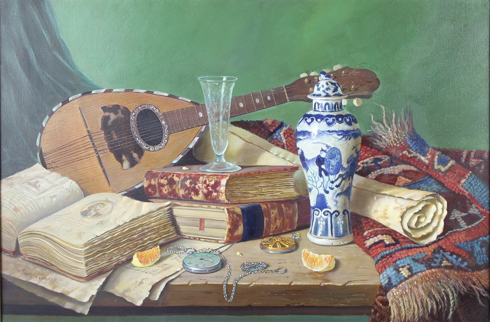 Raymond Campbell (b.1956), oil on canvas signed, still life with Chinese blue and white vase, books,