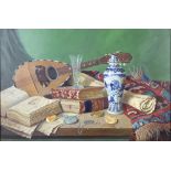 Raymond Campbell (b.1956), oil on canvas signed, still life with Chinese blue and white vase, books,