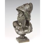 A 19th Century bronze head and shoulders portrait bust of a helmeted classical gentleman, raised