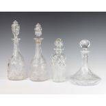 A cut glass ships decanter and stopper 26cm, pair of decanters and 1 other