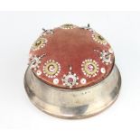 An Edwardian circular silver pin cushion with padded embroidered top Birmingham 1908 11cm