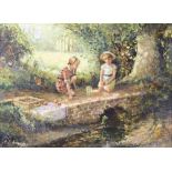 P J Attfield, oil on board signed, two young girls beside a stream, labelled Forest Gallery, 29cm
