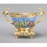 An impressive blue ground cloisonne enamel and gilt bronze mounted twin handled bowl with dragon