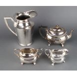 A silver plated 3 piece tea set with beaded rim and a plated lemonade jug