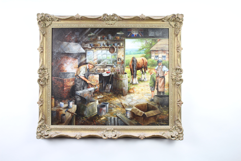 C D Howells, oil on canvas signed, blacksmiths interior scene with figures and horse 49cm x 59cm - Image 2 of 2