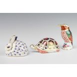 A Royal Crown Derby Imari pattern paperweight Rabbit with gold stopper 7cm, ditto Tortoise silver