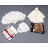 An Irmin stole, a fur muff, an ostrich feather and mother of pearl fan (f) and a red leather glove