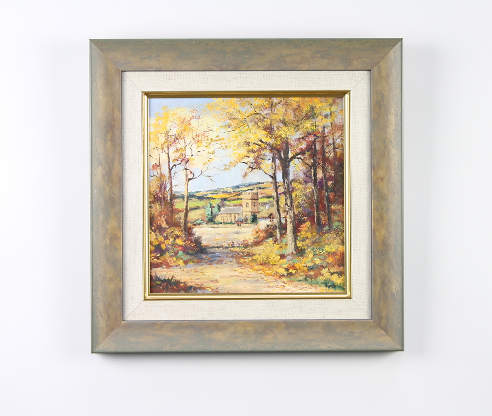 Alan King, oil on board signed, "The Four Seasons, Autumn in Cornwall" label to verso, 19cm x 19cm - Image 2 of 2