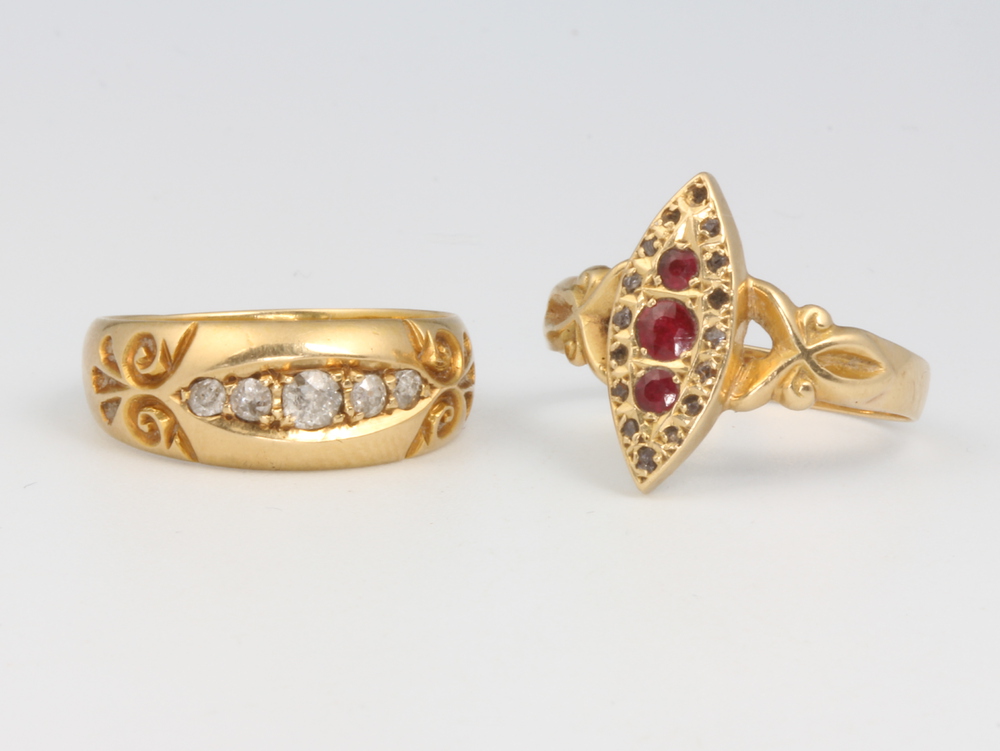 An 18ct yellow gold ruby and diamond up ringer ring (4 diamonds missing), a diamond ditto, 4.3 grams