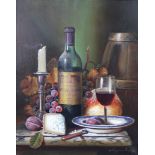 Raymond Campbell (b.1959), oil on canvas signed, still life with bottle of wine, candle stick,