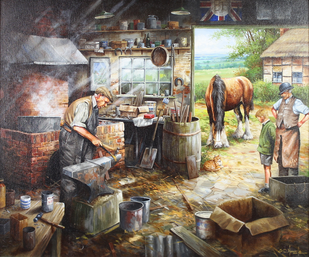 C D Howells, oil on canvas signed, blacksmiths interior scene with figures and horse 49cm x 59cm