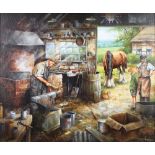 C D Howells, oil on canvas signed, blacksmiths interior scene with figures and horse 49cm x 59cm