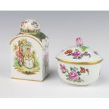 A 20th Century Dresden oval pot and cover decorated with spring flowers and floral finial 9cm, a