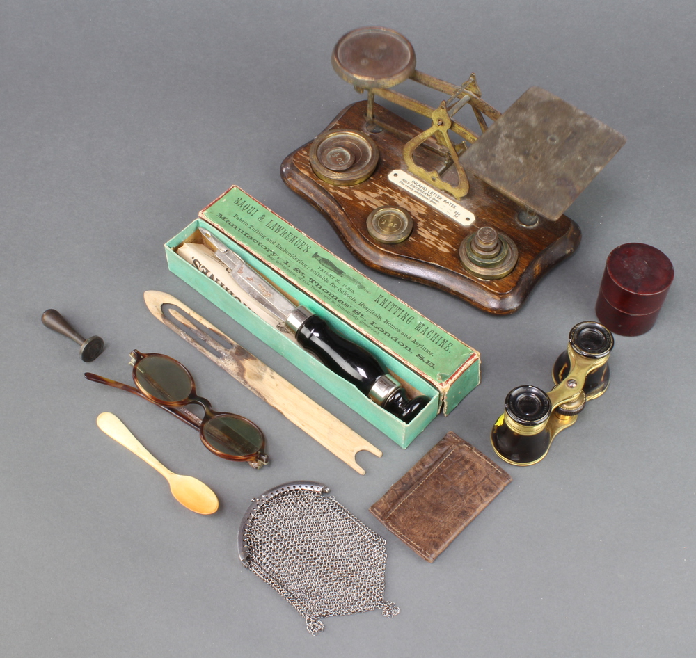 A pair of postal scales complete with weights, a pair of gilt and tortoise shell opera glasses (chip