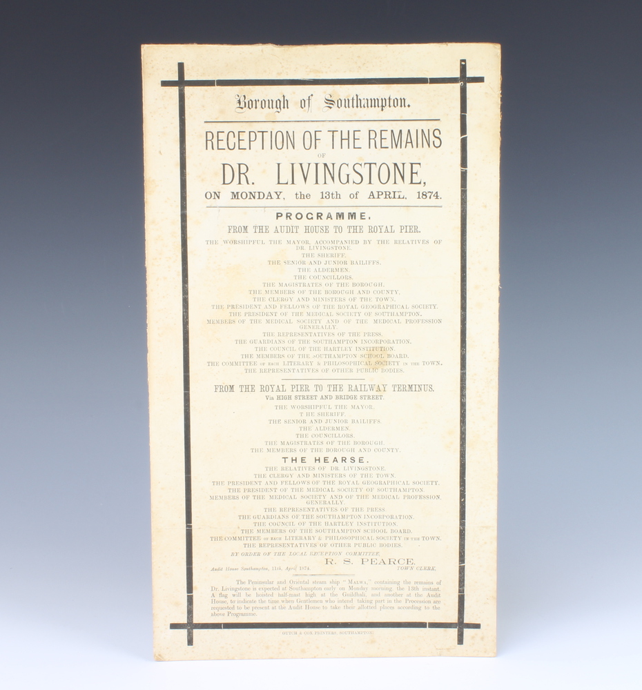 A Borough of Southampton poster for the Reception of The Remains of Doctor Livingstone on Monday the