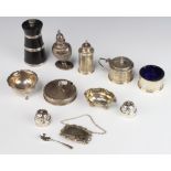 A silver mounted hardwood peppermill Birmingham 1937 and other minor condiments, weighable silver