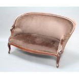 A Continental mahogany show frame 2 seat settee upholstered in brown material, raised on cabriole