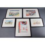 Japanese woodblock prints, a procession signed and a temple signed 10cm x 15cm at Asakusa 23cm x