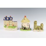 A Victorian Staffordshire castle 10cm, a ditto house 14cm and a circular thatched cottage with