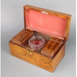 A Victorian mahogany twin compartment tea caddy with associated mixing/sugar bowl, brass plaque to
