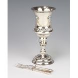 A 925 silver kiddush cup with bead work decoration and cabochon turquoise 17cm together with 2