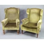A 19th Century winged armchair upholstered in green material together with a similar armchair