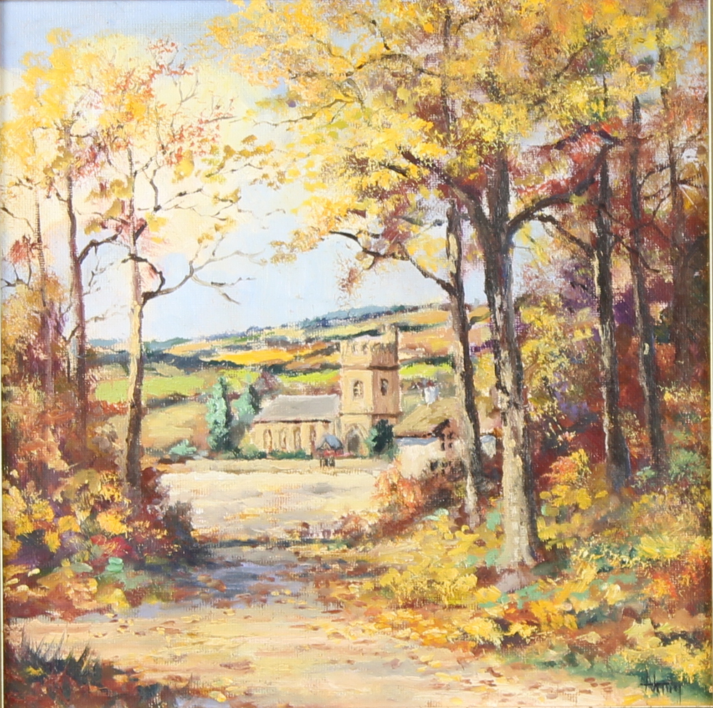 Alan King, oil on board signed, "The Four Seasons, Autumn in Cornwall" label to verso, 19cm x 19cm