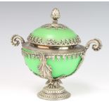 A silver plated mounted Continental green glass bowl and cover with pineapple finial 20cm