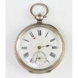 A silver cased keywind pocket watch with seconds at 6 o'clock The dial is cracked and the watch is