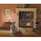 Deborah Jones (1921-2012), oil on board signed, "Tea In Front of The Fire" 19cm x 24cm