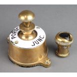 A brass and white enamelled railway signal plunger button marked Portcreek Junc. (slight damage to