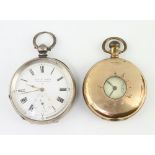 A gilt cased half hunter pocket watch the dial inscribed Waltham, a silver cased pocket watch