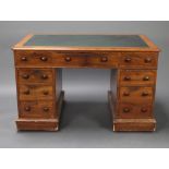 A Victorian mahogany kneehole desk with inset writing surface above 1 long and 8 short drawers