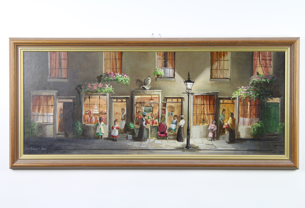 Deborah Jones, (1921-2012), oil on board signed, a moonlit street scene with figures 30cm x 74cm - Image 2 of 2