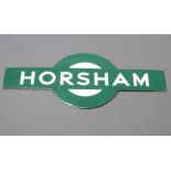 A Southern Railways green and white enamelled station sign for Horsham, the reverse marked Mead
