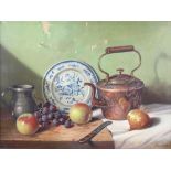 Raymond Campbell (b.1956), oil on canvas signed, still life with copper kettle, delft plate, mug,