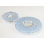 A Lalique Dahlia pattern two section candle holder with stylised blue petals etched R LALIQUE 15cm
