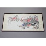20th Century Chinese scroll painting of birds amongst flowers, signed and framed 137cm by 68cm
