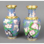 A pair of blue and floral patterned club shaped cloisonne vases 23cm h x 6cm