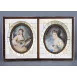 A pair of 18th Century style miniature oval portraits of a lady holding a dog and a lady playing a