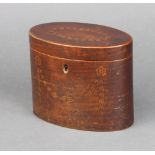 A Georgian oval inlaid mahogany tea caddy with hinged lid, inlaid swag decoration 12cm x 15cm x 8.